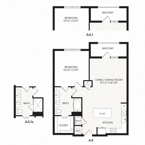 Floor plan for 1 bed, 1 bath, 861 sqft